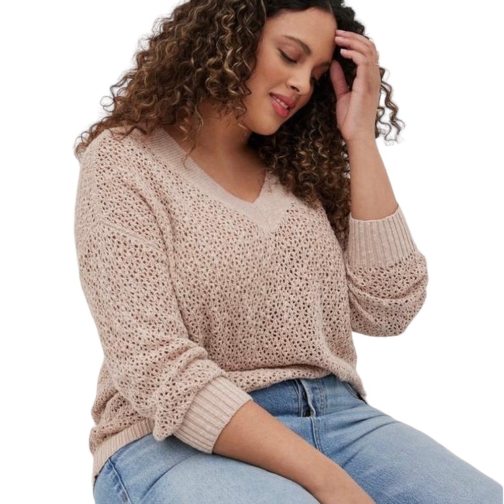 Torrid Open Stitch Pullover V-Neck Sweater in Beige‎ Women's Plus 2X